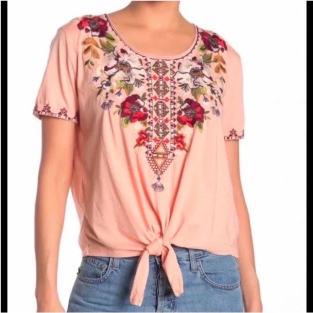 Johnny Was Peach Embellished Tie-Front Blouse